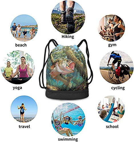 D-Wolves Bass Fish Fishing Drawstring Bag For Men Women Draw Backpack Beam Sackpack With Shoe Compartment Boys Girls Cinch Bags For Fishing Lovers Outdoor Hiking Beach Travel Shopping Fitness #TOP5