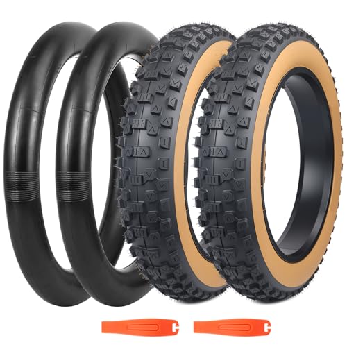 BALINGE 2 Pack Fat Tire for Ebike Mountain Bike Heavy Duty High-Performance Wear-Resistant E-Bike Mountain Snow Bike Tire 20" x 4"，Brown Wall - 2 Tires 2 Tubes 2levers