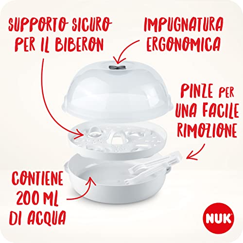 NUK Micro Express Plus sterilizzatore biberon per microonde | Sterilizza fino a 4 biberon e accessori in 4 minuti | Compatibile con gran parte dei microonde | Pinze per rimozione igienica