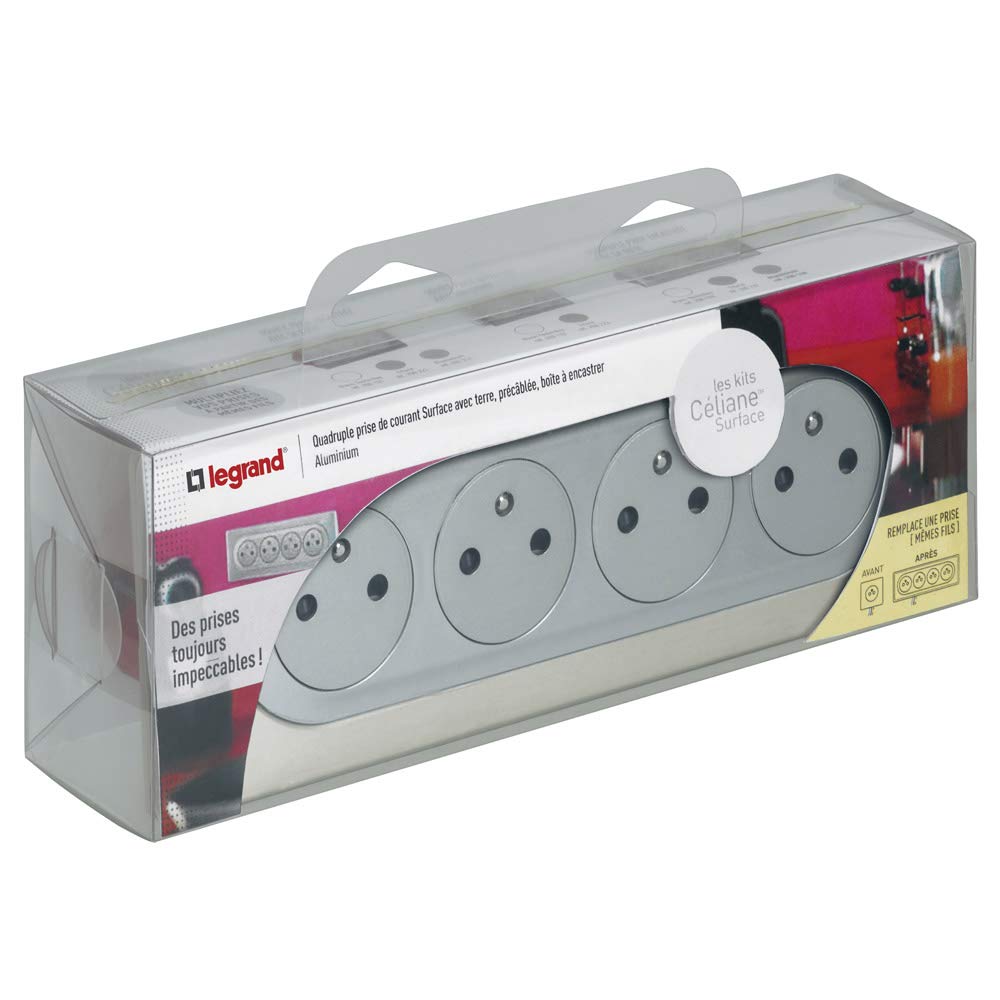 LEGRAND - Prise Electrique Quadruple avec Plaque + Boîte à Encastrer Céliane Surface - Bloc 4 Prises avec Socles Rétractables - Fabriqué En France - Titane