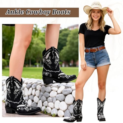 Image of LingxiaUne Cowboy Boots for Women Floral Cowgirl Boots with Pointed Toe and Chunky Heel Mid Calf Western Boot for Concert Festival Country Night Party