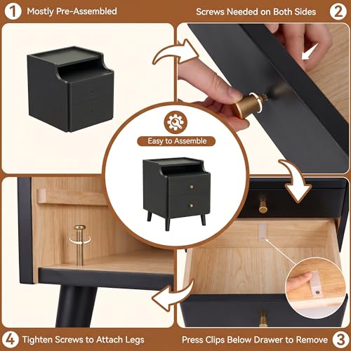 Image of Nightstand Set of 2, Pre-Assembled, 19.7 inchH Solid Wood Night Stand with 2 Drawers, Open Sliding Shelf, Mid Century Modern Small Bedside Table for Bedroom, Black 16 inch