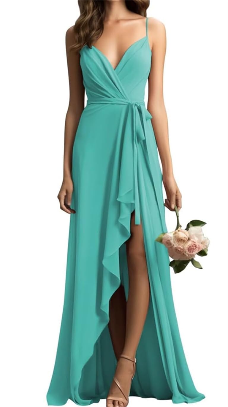 Vestidos de dama de honor con tirantes delgados para boda cuello en V gasa formal vestido largo de noche con abertura WSX484