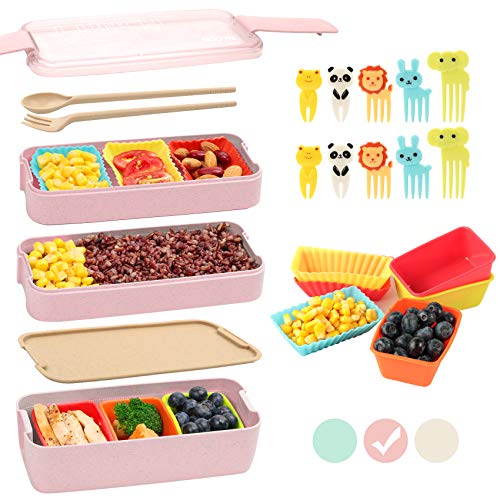 Bento Box for Kids with Silicone Cupcake Baking Cups Food Picks for Kids3-In-1 Compartment Lunch Box Wheat Straw Eco-Friendly Bento Lunch Box with Dividers Meal Prep Containers for Kids Beige