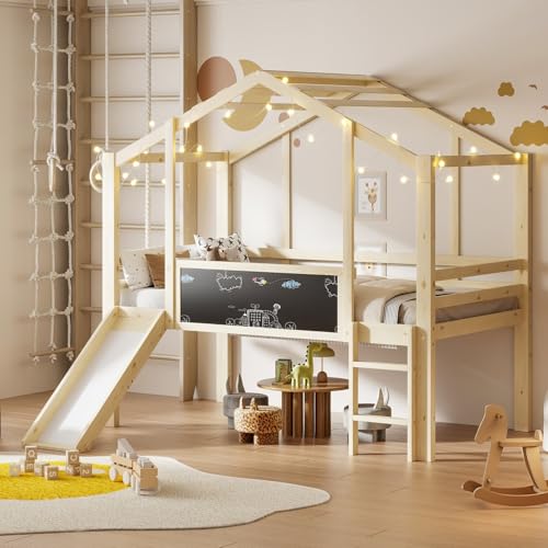 EURHCIO Lit Mezzanine 1 Place 90x200cm,Lit Cabane Enfants avec Toboggan,Tableaux Blancs,Haute Barrière,Sommier à Lattes Solide,Pin,pour Enfants Adolescents,sans...