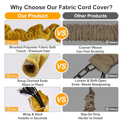 Image of Fabric Cord Cover,2 Pack Touch Fasteners Gold Chandelier Chain Cover,3.28 Feet Brushed Polyester Fabric Flannel Cord Covers for Wires,Decorative Cord Hider Easy Install