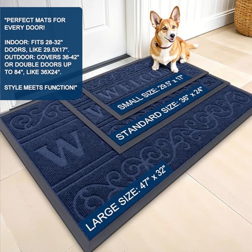 Image of OLANLY Welcome Door Mat Indoor Outdoor Entrance, Heavy Duty Sturdy Front Door Mat, Waterproof All-Weather Doormat, Stain Resistant, Low Profile, Easy Clean Patio Entryway Mat, 29.5 x 17, Navy Blue