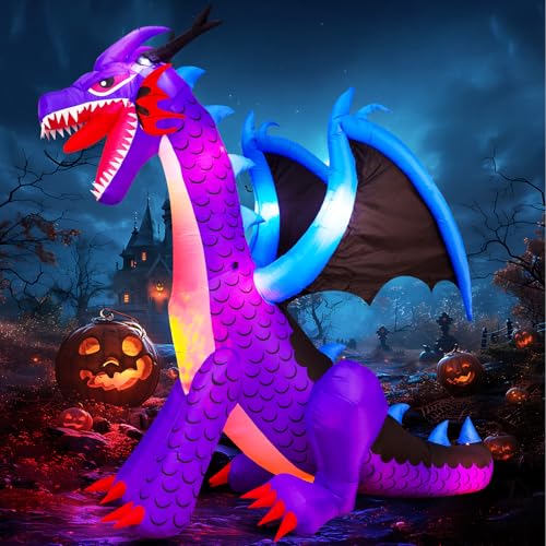 8FT Halloween Inflatables Dragon Decorations with Built-in LED Lights, Blow Up Yard Decor for...