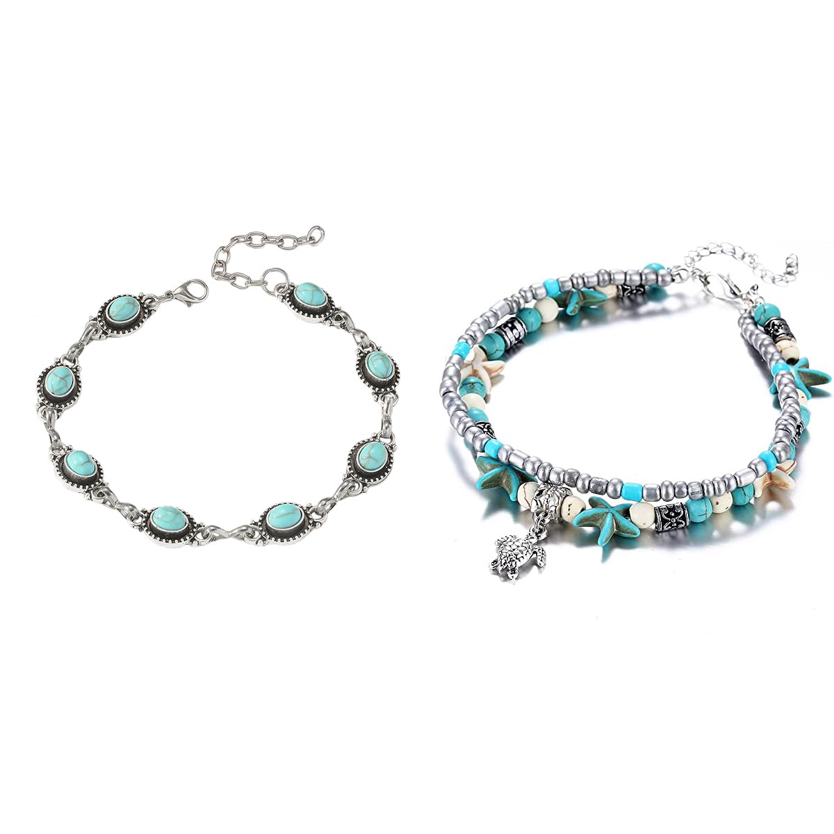 Beachy Jewelry Layered Sea Turtle Anklet Summer Turquoise Ankle Bracelets for Women Boho