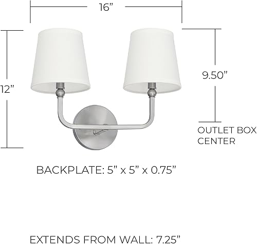 Miniatura 2 de Capital Lighting 119321BN-674 Dawson - Persianas decorativas de tela blanca que se mantienen rectas, montaje en pared, 2 luces, 120 vatios totales,