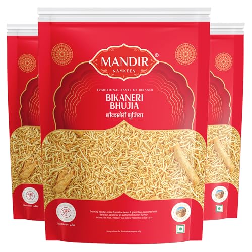 Image of Mandir Namkeen Bikaneri Bhujia 1.2kg (400g Pack of 3), Authentic Bikaneri Namkeen, Made with Premium Moth Dal, Spicy & Crunchy Texture, Iconic Bikaneri Flavor, Perfect Tea-Time Snack