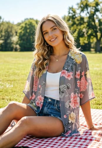 Image of FINOCEANS Womens Floral Chiffon Kimono Cardigans Loose Beach Cover Up Half Sleeve Tops