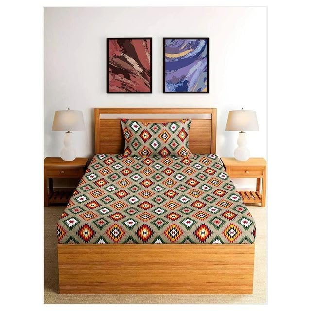Image of CAPSICUM Glaze Cotton 95 GSM Single Bedsheet Set with 1 Pillow Cover - D4001 Geometric Maroon and Cream Design for a Modern Bedroom Aesthetic