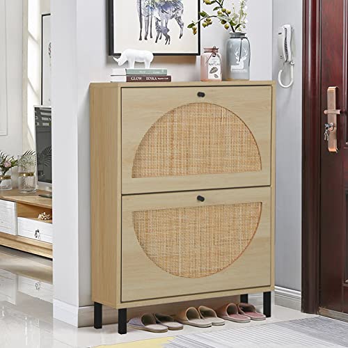 Pvillez Natural Rattan Shoe Cabinet, Modern Free Standing Shoe Racks Storage Cabinet With 2 Flip Drawers And Storage Shelves, Narrow Shoe Rack Cabinet For Entryway, Hallway, Bedroom, Natural #TOP24