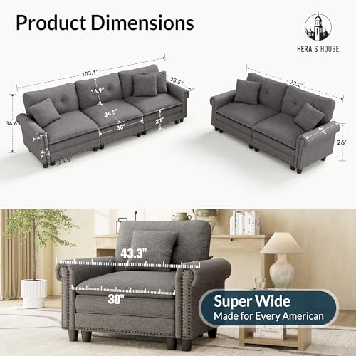 Image of HERA'S HOUSE Modular Sectional Sofa Set for Living Room 2-Piece Deep Seats | Mid-Century Modern 5-Seater Cloud Sofa Set, Dark Grey, Rolled Arms & Nailhead Trim, Wider Seats, Soft Linen Furniture Set