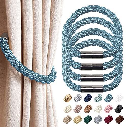 NICEEC 4 Pack Strong Magnetic Curtain Tiebacks Modern Simple Style Drape Tie Backs Convenient Decorative Weave Rope Curtain Holdbacks for Thin or Thick Home & Office Window Draperies (Teal)