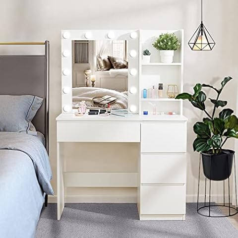 Vabches Makeup Vanity with Lights, 37inch Vanity Desk, 4 Large Drawers Dresser with Lighted Mirror, 3 Lighting Modes Brightness Adjustable, White Cover