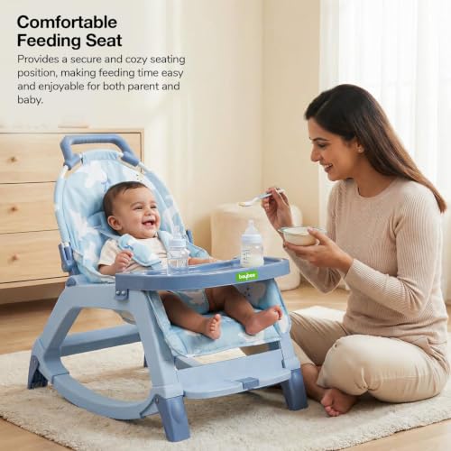 Image of Baybee Baby Rocker & Bouncer Chair for 0-3 Years | Baby Feeding Chair with Push Rocker Mode, Adjustable Canopy, Hanging Toys, 360 Wheels & 3-Point Safety Belt (Blue)