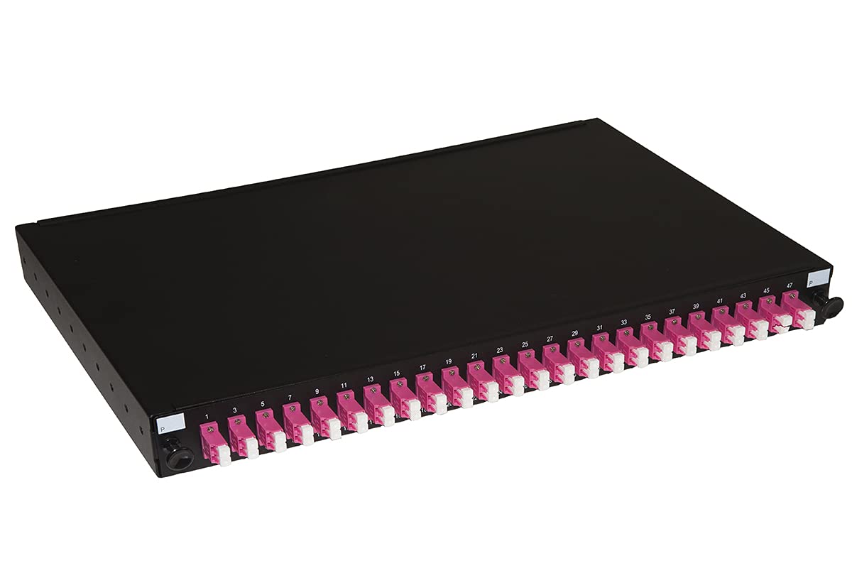 Panel de Fibra óptica de 19 Pulgadas con 24 adaptadores LC Duplex Om4, Profundidad de 250 mm, con Pigtail instalados, Color Negro