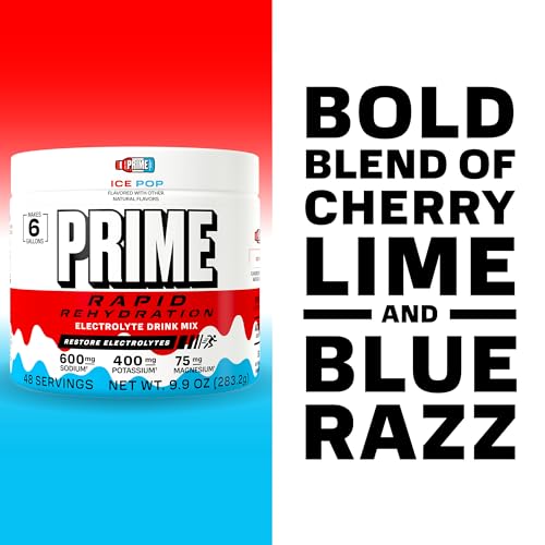 Image of Prime Rapid Rehydration Electrolyte Powder, Ice Pop, Sugar Free Hydration Drink Mix with Sodium, Potassium, Magnesium & B Vitamins to Replenish Fluids, Caffeine Free, 6 Gallon Tub, 48 SRV