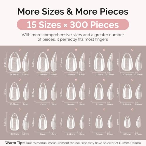 Image of MelodySusie Short Almond Gel Nail Tips Kit-300Pcs Pre-Building Apex Fake Nail Tips 20g Solid Nail Glue Gel,Half Matte Full Cover Clear Acrylic Nail,15Sizes Thick Strong Long Lasting for Home DIY&Salon