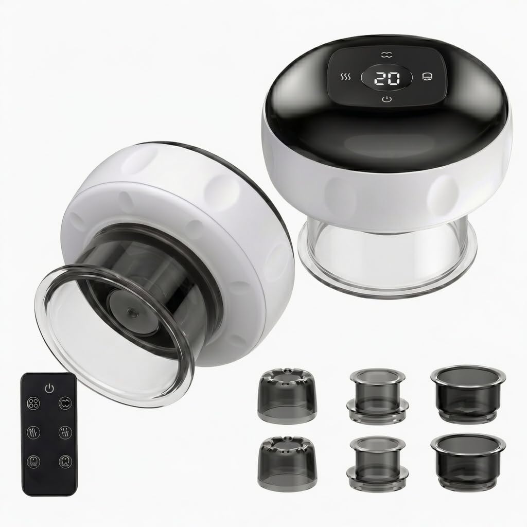 Cupping Set, Cordless Smart Cupping Therapy Massager with Remote Control, 7-in-1 Red Light & Heat, 12 Levels Suction, 2 Modes, Portable Muscle Relaxation Device (White, Pack of 1)