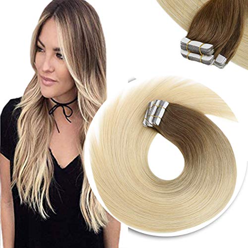 Sunny Hair Tape in Extensions Ombre 22inch Adhesive Glue in Hair Extensions Medium Brown to Bleach Blonde Ombre Tape in Hair Extensions 25g 10pcs