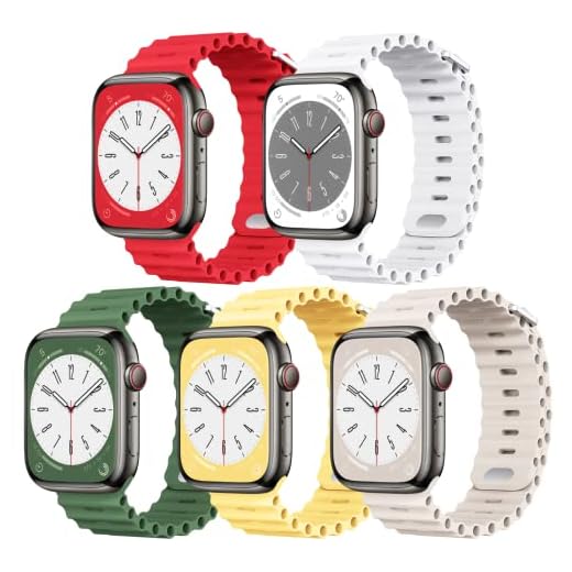 Pacote com 5 pulseiras oceânicas compatíveis com Apple Watch Ultra de 49 mm, 45 mm, 44 mm, 42 mm, 41 mm, 40 mm, 38 mm, unissex, pulseira esportiva de silicone macio para Apple Watch Ultra iWatch Series 8 7 6 5 4 3 2 1 SE (vermelho/branco/trevo/Sunglow/Srarlight 38 mm/40 mm/41 mm)