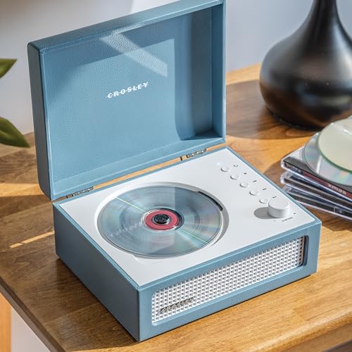 Image of Crosley CR3517A-WB Voyager Retro Portable CD Player with Stereo Bluetooth Speakers and FM Radio, Washed Blue