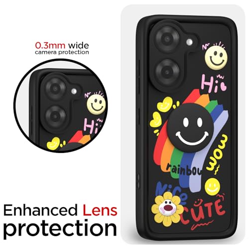 Image of Pikkme Back Cover for Poco C71 / Redmi A5 | Soft Silicone| Cute Rainbow Smile & 3D Cartoon Flower Design | Shockproof Raised Camera Protection Bumper Case (Black)