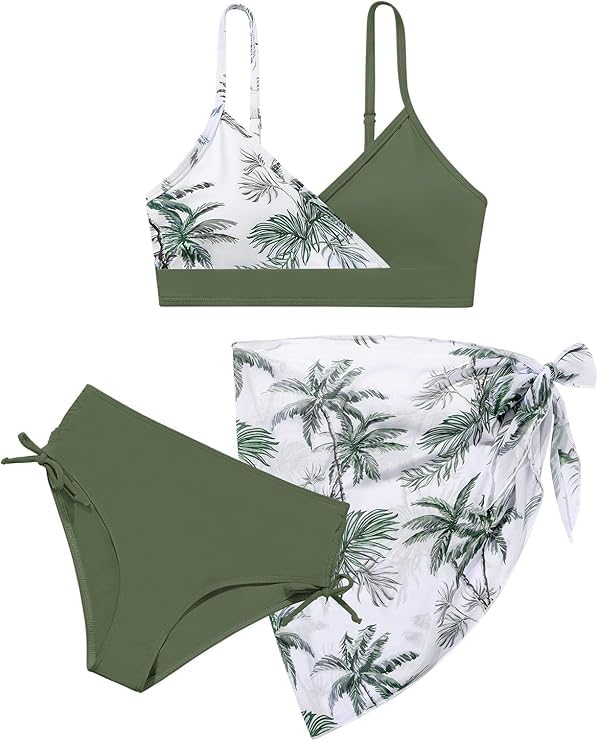 Image of Girls Swimsuit V Neck Bikini Set Color Block with Cover Up Skirt 3 Piece Bathing Suits Tween Swimwear 9-16 Years