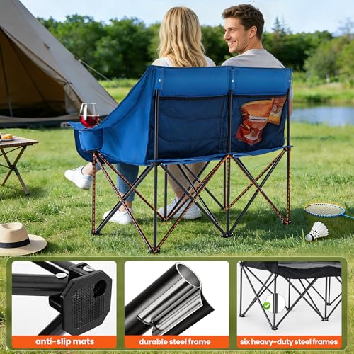 Asrug Silla de Camping Doble Acolchada para 2 Personas Plegable con Porta Vasos y Bolsillos Laterales Azul y Gris Oscuro miniatura 6