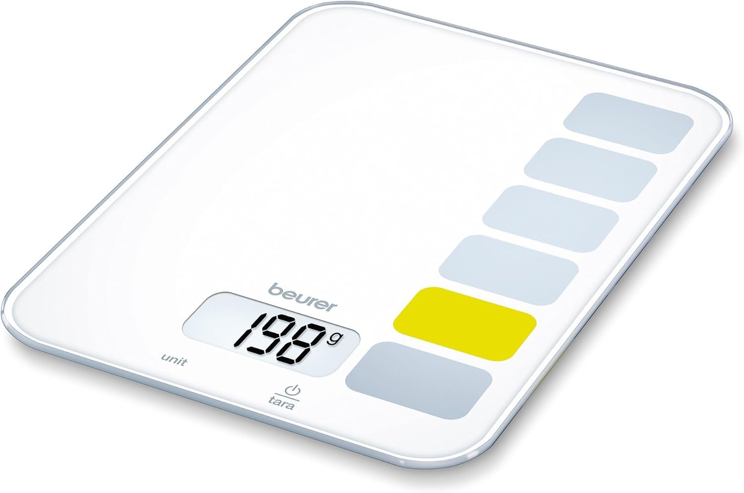 Beurer KS 19 Bilancia da Cucina Digitale, Ultra Piatta 16,5 mm, Vetro di Sicurezza, 5 kg di Capacità, Funzione Tara, Display LCD, Conversione Peso-Liquidi, Spegnimento Automatico
