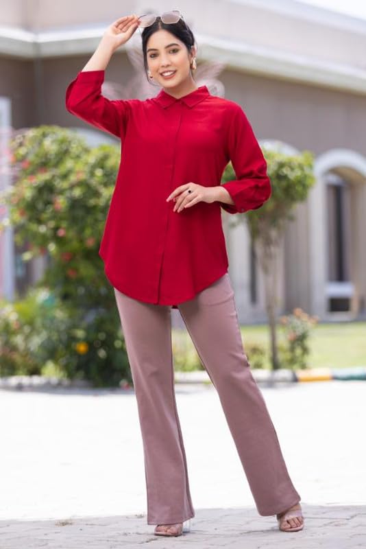 Image of Mlada Hemline Solid Shirts for Women | 3 /4 Sleeves Classic Rayon Shirt for Office Wear | Collared Neck Shirt for Girls | Regular Fit Shirts | Smart Formal Button Down Shirt for Women