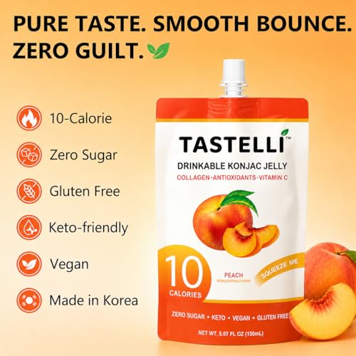 Tastelli Peach Konjac Jelly with Collagen & Vitamin C | Sugar Free Gluten Free Low Calorie | Vegan Fruit Snack | 150mL x 10 Pouches - image 3