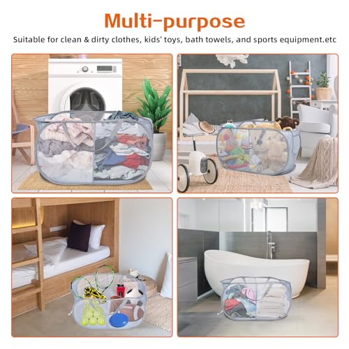 Image of Sturdy Collapsible Laundry Baskets, Foldable Pop Up Laundry Hamper, Durable 2 Compartments Laundry Basket, Handy Pocket & Easy to Sort Clothes Hampers for Laundry, Dorm, Kids Room, Travel Grey