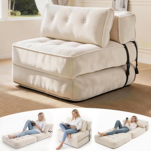 FervorFurn 2 in 1 Folding Sofa Bed, Convertible Single Sleeper Chair with Back Support & Pillow, Multifunctional Fold Out Chair Bed for Small Space Living Room Bedroom Guest Office (Beige)