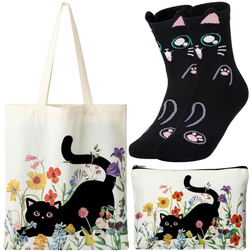 ViEinkaufen Cat Gifts for Girls Women Black Tote Bag Makeup Bag and Socks