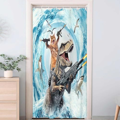 Image of Funny Cat Shower Curtain Set, Cute Cat Riding Dinosaur Theme Ocean Curtains for Bathroom Fun Nautical Kids Decor Polyester Fabric Restroom Curtains