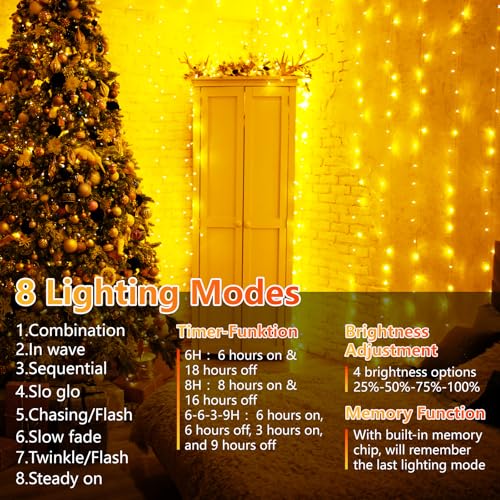 MAGGIFT Curtain Lights Indoor Outdoor, 3mx3m 18 Ketten 450 LED Christmas Hanging Lights with Timer/Remote/8 Modes/Dimmable, IP65 Waterproof Fairy Lights for Bedroom Xmas Window Wall Decor, Warm White - Image 2