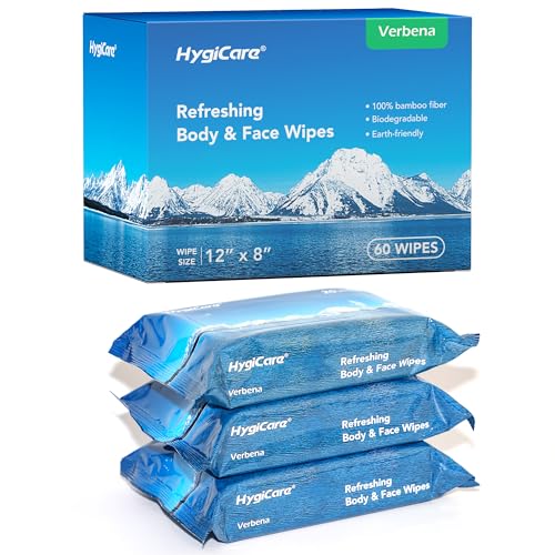 HygiCare Bamboo Body & Face Wipes for Adults Bathing No Rinse, Shower Wipes 60 Count, 12
