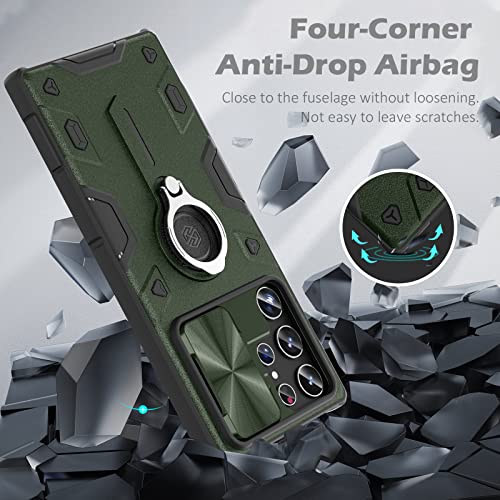 Image of imluckies for Samsung Galaxy S22 Ultra Case with Camera Cover & Kickstand, 360Rotating Ring Stand+Slide Lens Protection, Shockproof Bumper, Impact-Resistant Case for S22 Ultra 5G 6.8 inch, Green