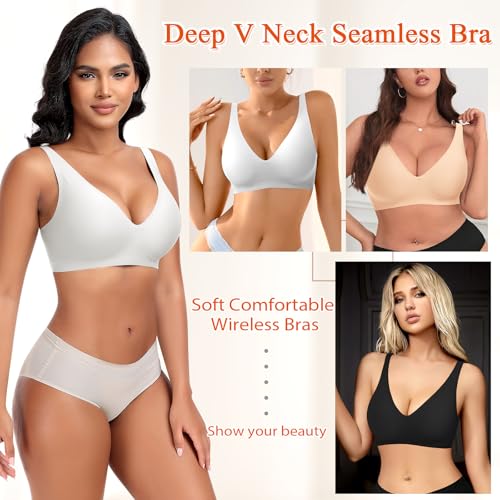 Image of DOCUMO Deep V Bras for Women No Underwire Comfort Wireless Bralettes Adjustable Sleep Seamless Plunge Bra with Bra Extender