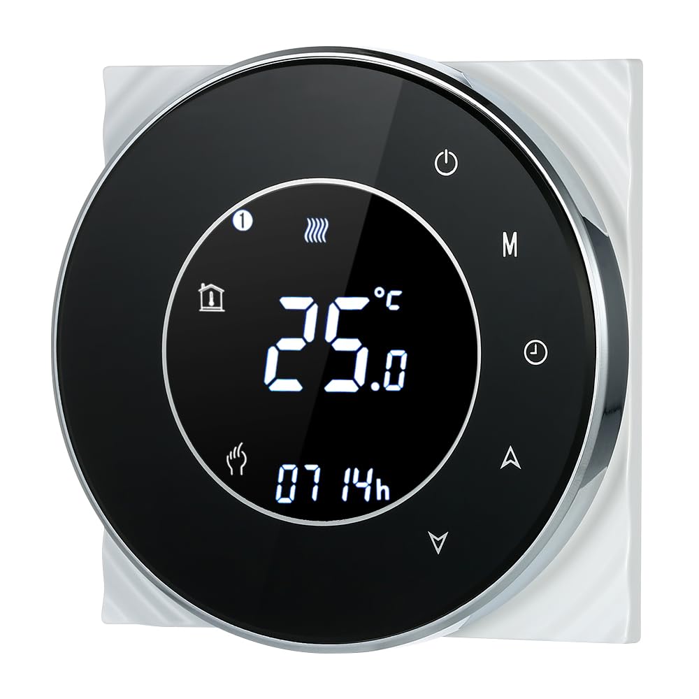 Decdeal Raumthermostat Gaskesselheizung WiFi Runde LCD Touchscreen Programmierbare Thermostat mit Hintergrundbeleuchtung 0.5 ° C Genauigkeit Sprachsteuerung App Fernbedienung