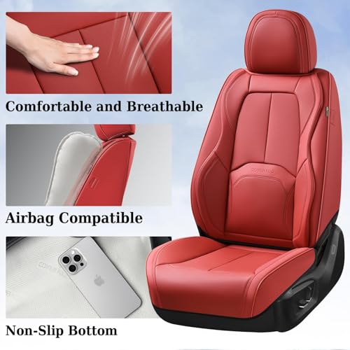 Image of Coverado Car Seat Covers Full Set, Premium Nappa Leather Seat Covers for Car, Waterproof Car Seat Protector with Lumbar Support, Automotive Seat Covers Universal Fit for Most Cars SUV Truck, (Red)