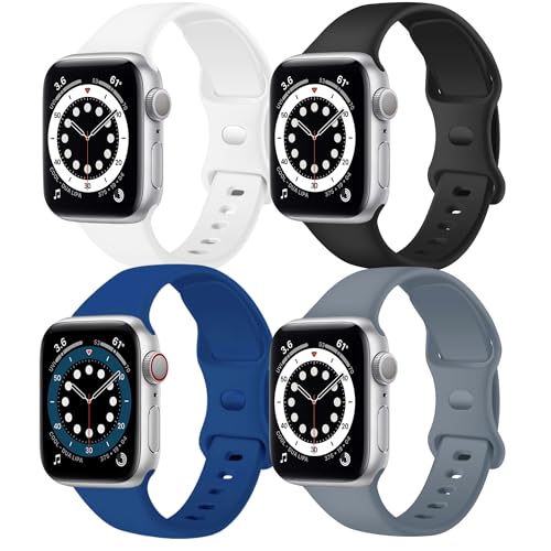 4 Pack Sport Band Compatible with Apple Watch Bands 42mm 44mm 45mm Replacement Soft Silicone Strap Wristbands for iWatch Series 8 7 6 5 4 3 2 1 SE Men Women White Black SKy Blue Lavender Grey