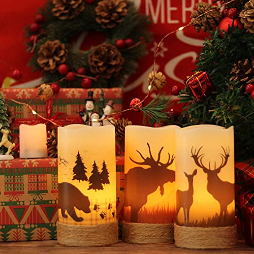 Image of Eldnacele Flameless Flickering Candles Deer, Moose, Bear Decal with Hemp Rope and 6H Timer, Battery Operated LED Pillar Candles Real Wax Home Decor Christmas and Gift Set of 3