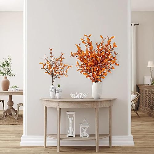 Sggvecsy 6 Pcs Artificial Fall Eucalyptus Stems Fall Eucalyptus Leaves Silk Autumn Leaf Branches Fall Decorations for Home Vase Thanksgiving Table Centerpieces Harvest Festival Decor (Orange) - Image 6