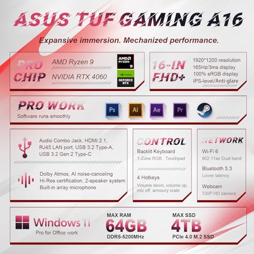 TUF - Computer portatile da gioco AMD Ryzen 9 RTX 4060 Ultimate da 16", FHD+1920 x 1200 165Hz, NVIDIA RTX 4060, RAM DDR5 da 32 GB, SSD da 1 TB, Wi-Fi 6, RJ45, Windows 11 P, con docking station - Notebook - Immagine 1
