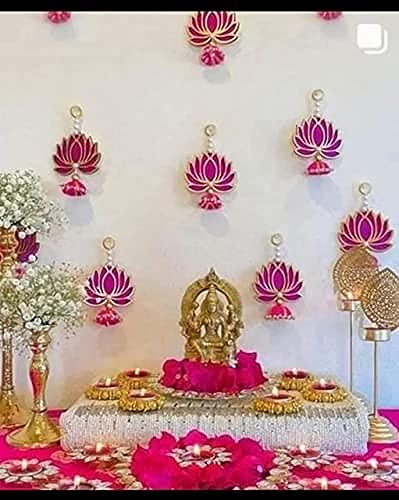 BENAVJI Presents Handmade MDF Wood Lotus Hangings Jhumki Style for Diwali Home Decor Temples Mandir Pooja Rooms All Festival Decorations Pink Color Lotus Pack of 6